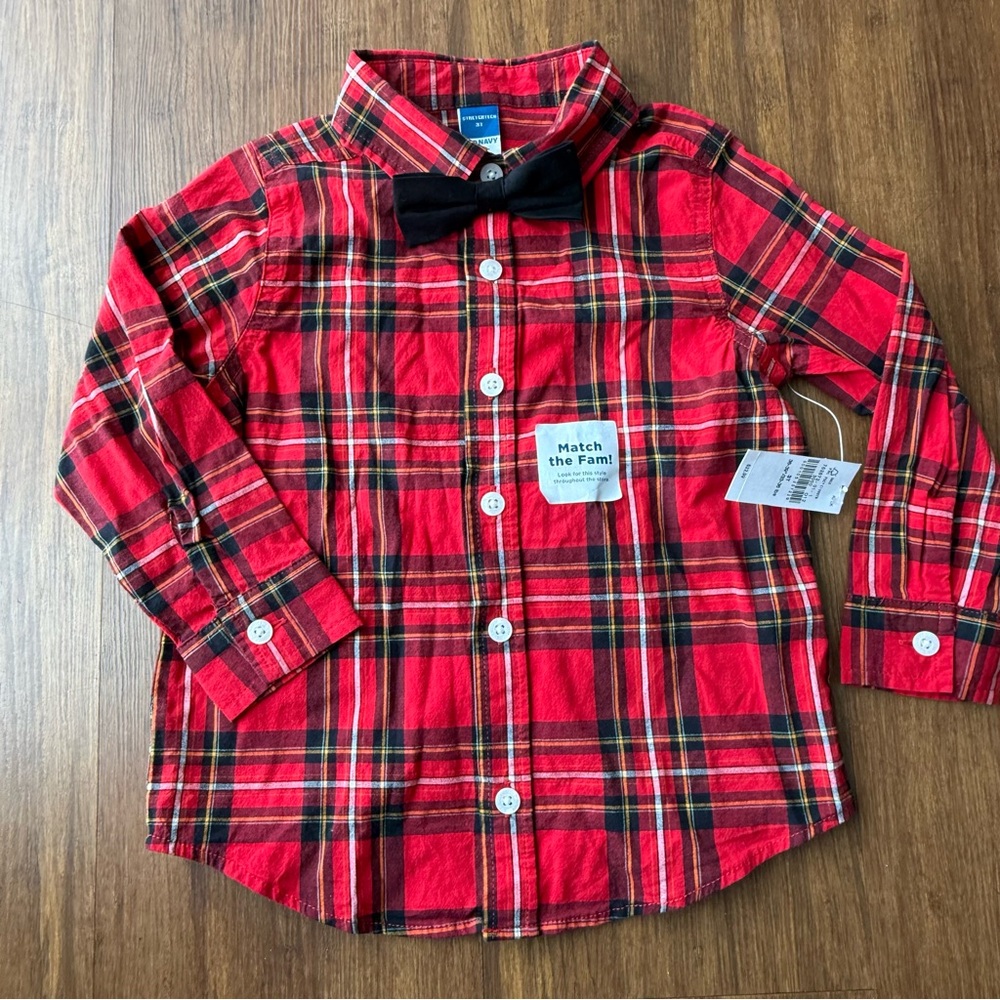 Old Navy Boys 3T Red Plaid Button Up Collared Dress Shirt Black Bow Tie NEW